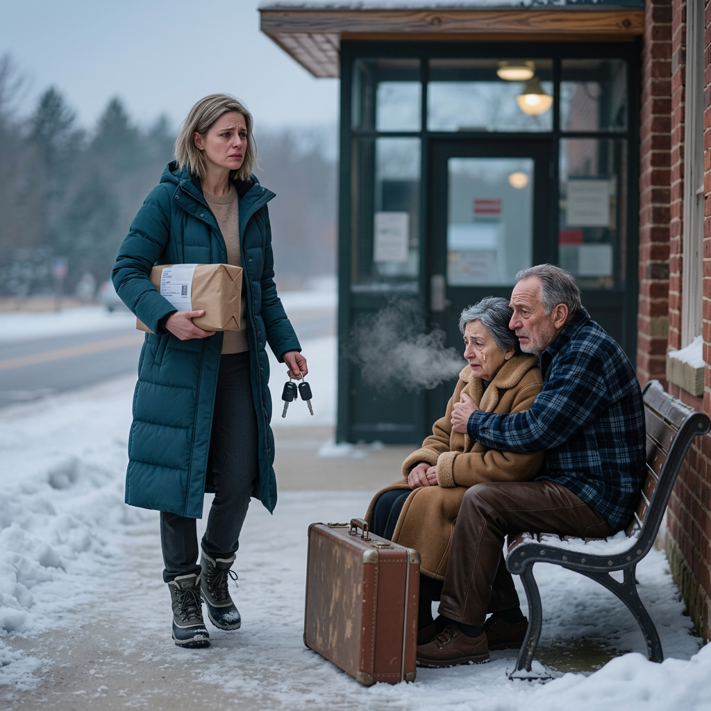 Na Štědrý večer, ovdovělá matka zahlédla starý pár, jak mrzne na lavičce na autobusovém nádraží, svírá dva obnošené kufry a čeká na syna, který slíbil, 