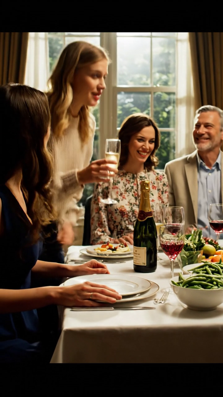 Podczas kolacji moja młodsza siostra podniosła kieliszek i ogłosiła: 