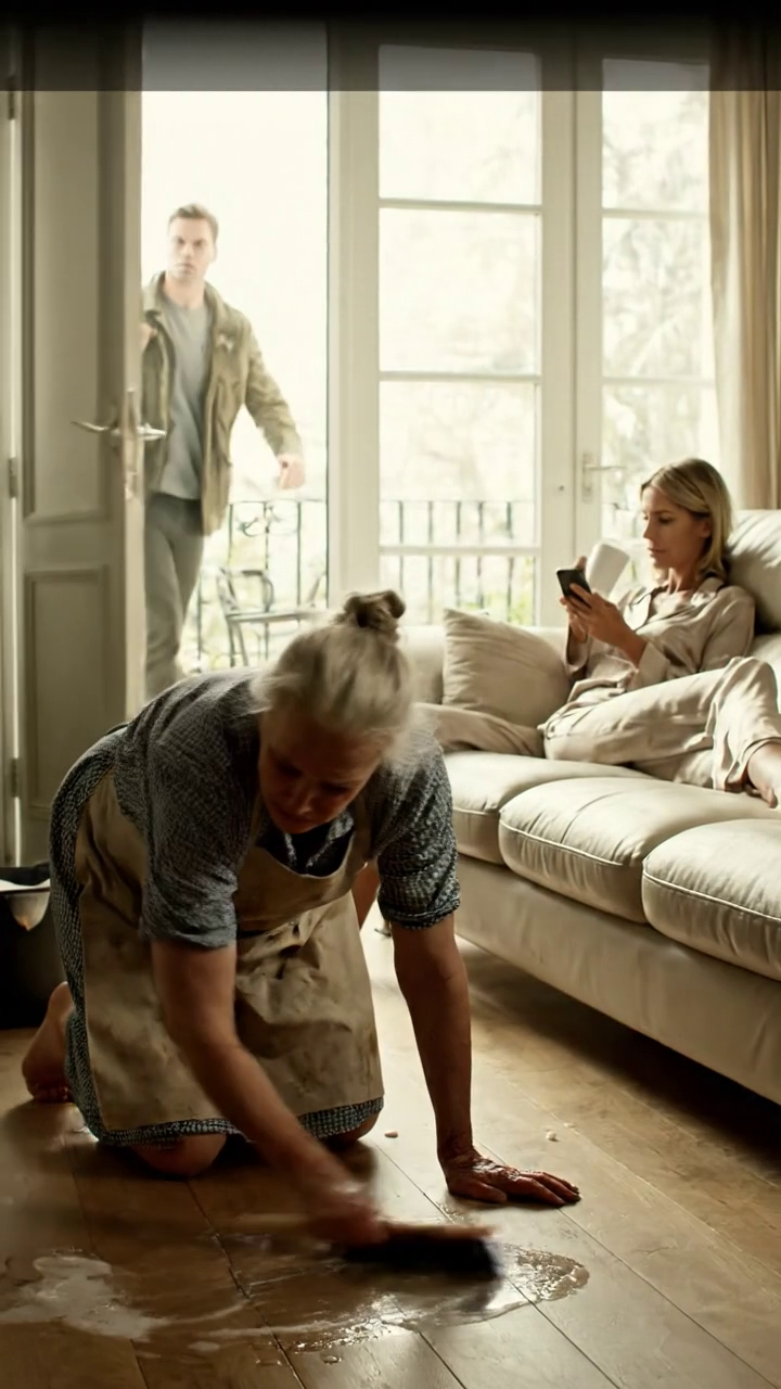 Na vijf jaar dienst in het buitenland keerde mijn zoon onverwacht terug om me te vinden knielen, schrobben van de houten vloeren van het huis dat ik had gebouwd met mijn eigen handen, mijn schort bevlekt met vuil, mijn vingers gekrabd en bevend, terwijl zijn vrouw zat te ontspannen op een Italiaanse lederen bank, drinken koffie alsof ze bezaten de lucht die ik ademde. Mijn zoon riep: 