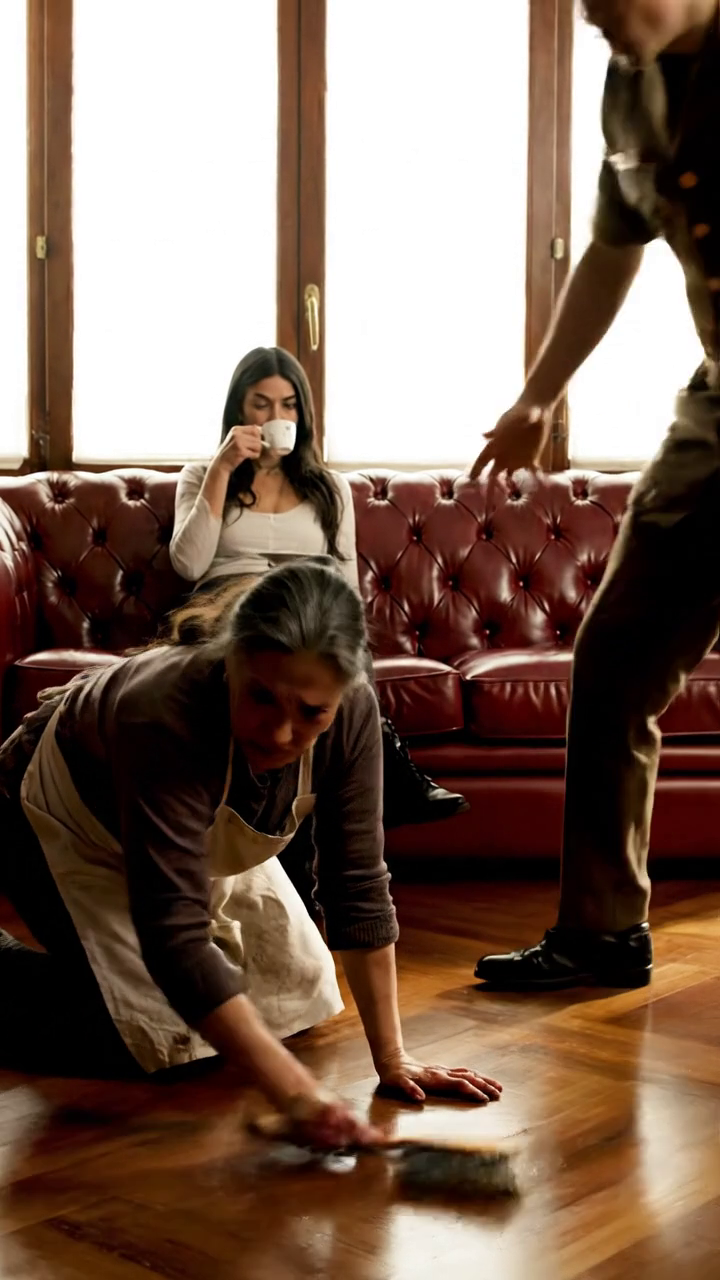 Po pięciu latach służby za granicą, mój syn niespodziewanie wrócił, by znaleźć mnie klęczącą, szorującą drewniane podłogi domu, który zbudowałem własnymi rękami, mój fartuch poplamiony brudem, moje palce podrapane i drżące, podczas gdy jego żona siedziała relaksując się na włoskiej skórzanej sofie, sącząc kawę, jakby posiadali samo powietrze, którym oddychałem. Mój syn krzyknął: 