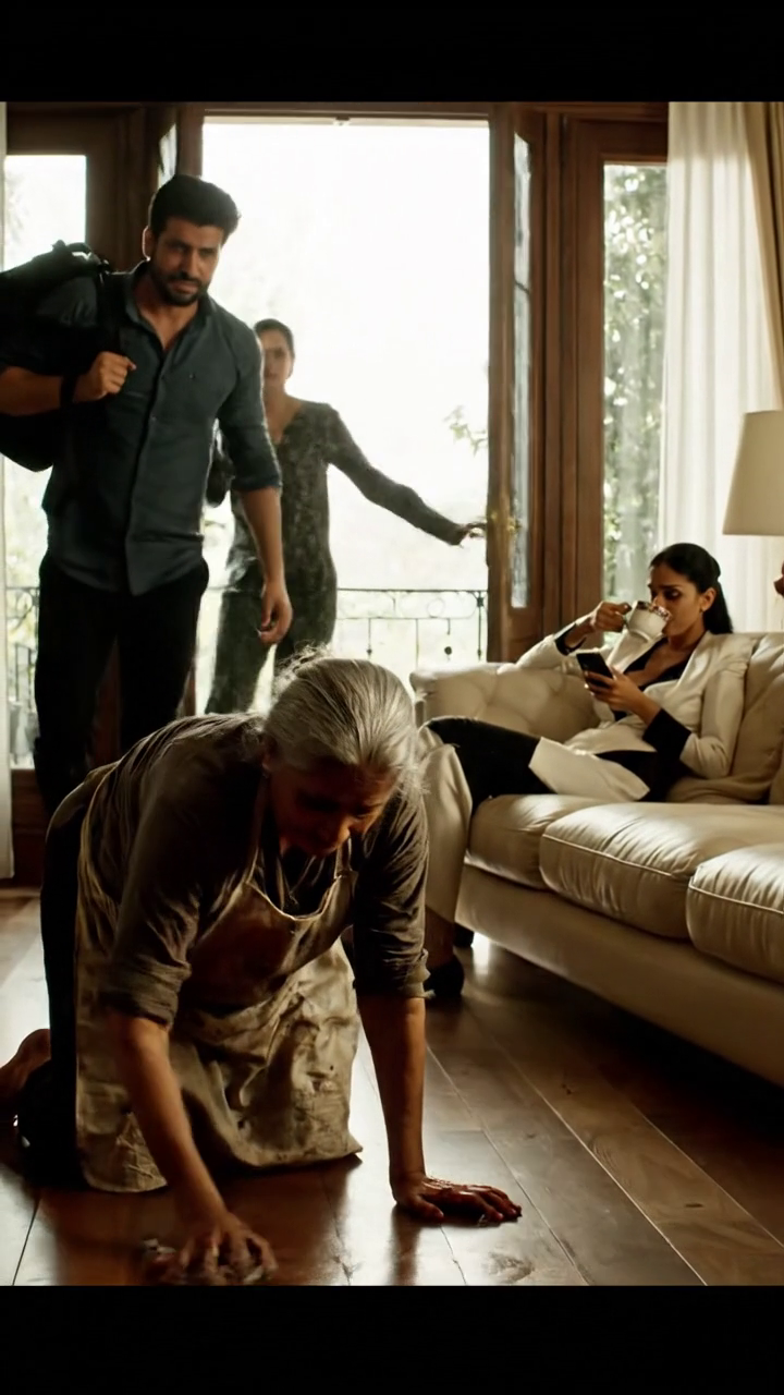 Po pěti letech služby v zahraničí se můj syn nečekaně vrátil, aby mě našel klečící, drhnutí dřevěných podlah v domě, který jsem postavil vlastníma rukama, zástěra potřísněná hlínou, prsty poškrábaný a třásl se, zatímco jeho žena seděla v klidu na italské kožené pohovce, popíjela kávu, jako by vlastnila vzduch, který jsem dýchal. Můj syn křičel: 