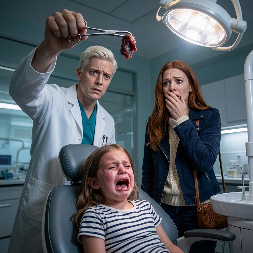 Moja córka nie przestawała narzekać, że boli ją ząb, więc zabrałem ją do dentysty. W środku egzaminu, dentysta sięgnął z parą pęset i wyciągnął coś z dziąseł. Nagle się zatrzymał. 