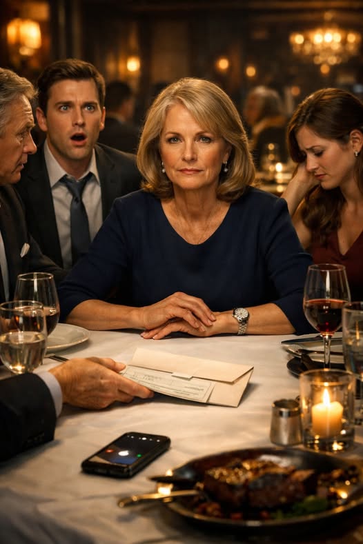 Ik liet mijn schoonzoon altijd geloven dat ik een stille weduwe was die op een strak budget leefde. Dus toen hij me uitnodigde voor een etentje met zijn rijke ouders, lachte ik en ging ik. Toen gleed zijn vader een envelop over de tafel en zei: 