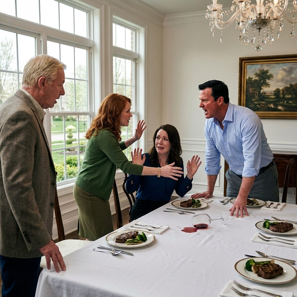 Lors d'un somptueux dîner familial, ma belle-mère a annoncé qu'elle prenait en charge la copropriété du centre-ville que j'avais achetée avec mon propre argent et que je paierais également 2 400 $ par mois pour ses dépenses. Quand j'ai calmement dit non, mon mari s'est levé, m'a traité de pathétique, et m'a cassé une lourde plaque de céramique sur la tête, tandis que vingt parents regardaient en silence. Le sang a traversé mes cheveux et sur la nappe blanche, mais personne ne m'a aidé. Ils attendaient des larmes, une reddition et des excuses effrayées. Au lieu de cela, j'ai essuyé le sang de mon visage, appelé le 911, et j'ai dit au régulateur que chaque adulte de la pièce avait été témoin de l'agression. Le lendemain matin, mon avocat et moi avons découvert des dossiers prouvant que le dîner faisait partie d'une tentative planifiée de me forcer à transférer ma propriété. Puis ma belle-sœur est arrivée avec une clé USB cryptée et a chuchoté, Valerie... tout le dîner a été secrètement enregistré.