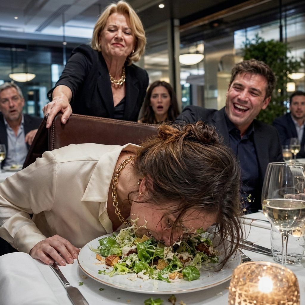 Ich versuchte nur, das Abendessen zu überleben, als meine Mutter im Gesetz meinen Stuhl trat und mir das Gesicht zuerst in meinen Salat schickte. „Oh, Schatz, vielleicht sitzt nächstes Mal gerade“, sagte sie, während mein Mann lachte, als wäre es das lustigste, was er je gesehen hatte. Sie dachten, sie hätten mich in der Öffentlichkeit erniedrigt. Sie hatten keine Ahnung, dass ich ihr Geheimnis bereits kannte oder dass dieses Abendessen beide zerstörte. Wahre Geschichten