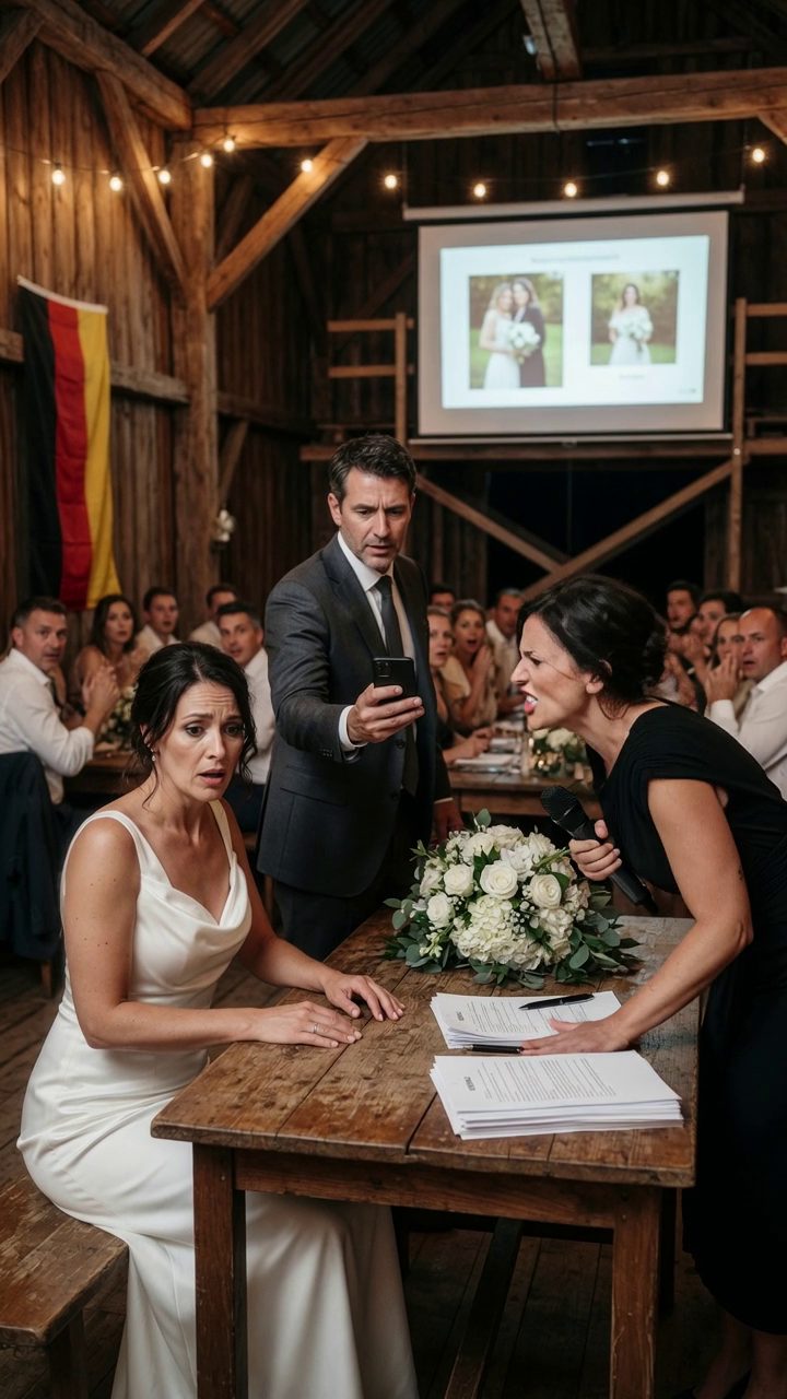 Bei meiner Hochzeit trugen meine Eltern schwarze Trauerkleidung; Mom nahm das Mikrofon: „Wir bleiben hier, bis du das Haus zu deiner Schwester unterschreibst!“; meine Schwester lachte; mein Mann stand ruhig auf und zeigte auf den Bildschirm; was darauf blitzte, ließ sie aus dem Ort fliehen.