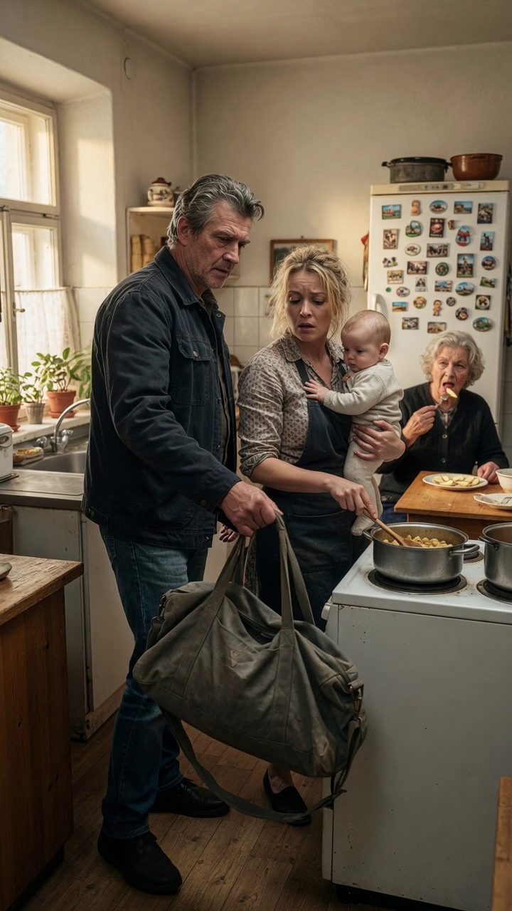 Po pěti dnech jsem přišel domů a našel svou ženu vařit večeři s naším nezdravým dítětem v náručí. Moje matka a sestra seděly u stolu a jedly jablka, jako by to nebyl jejich problém. Bydleli v mém domě, jedli naše jídlo a stejně jí ani jednou nepomohli. Podíval jsem se na unavenou tvář své ženy, pak na dítě odpočívající na rameni, a něco ve mně vychladlo. Položil jsem si tašku a řekl: