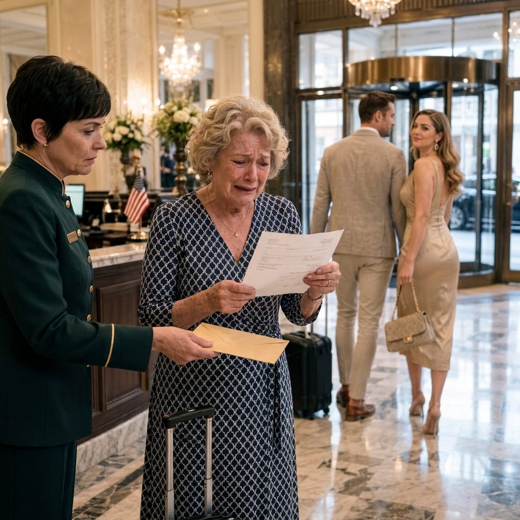 Mein Sohn sagte, er habe ein 5-Sterne-Hotel in New York gebucht, um mir für alles zu danken, was ich für ihn getan habe. Drei Tage später küsste er meine Wange, gab mir eine $11,000 Rechnung und ging mit seiner Frau aus, während ich an der Rezeption schüttelte. Dann flüsterte ein alter Rezeptionist den Namen meines Vaters und schlug mir den Umschlag, den mein Sohn sehen sollte.